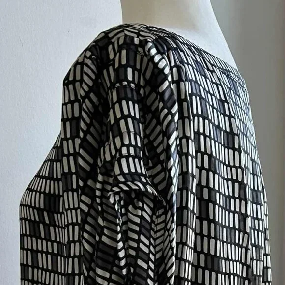 Zara Black Grey & Ivory Geometric Print Pure Silk Boat-Neck Blouse - US L - Picture 5 of 10